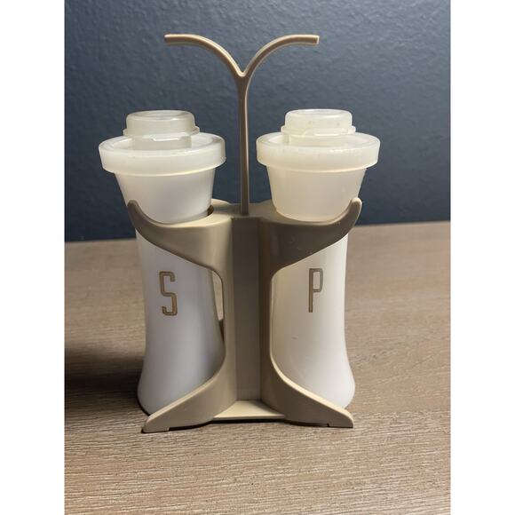 Vintage Tupperware Salt & Pepper Shakers with Caddy Beige White Retro Kitchen - Picture 1 of 5